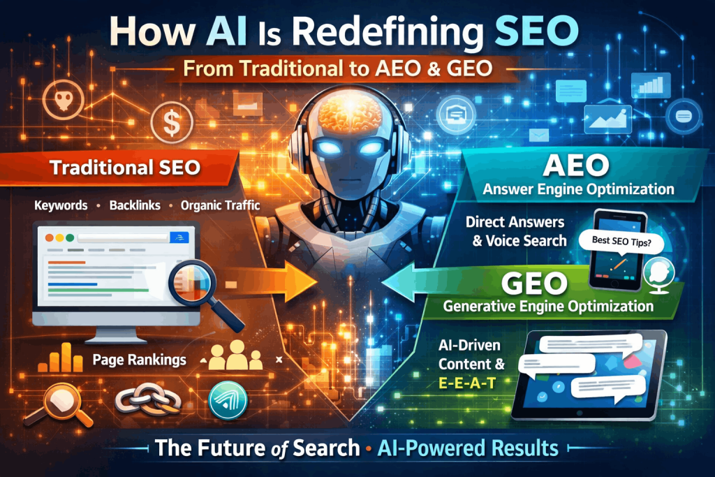 How AI Is Redefining SEO — From Traditional to AEO & GEO | www.turtledig.com